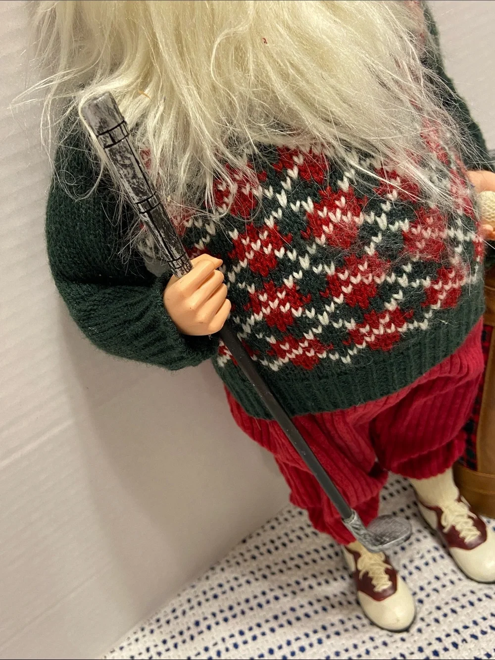 Santa Golf Figurine Red Corduroy Pants & Hat Argyle Sweater Golf Club Bag & Ball
